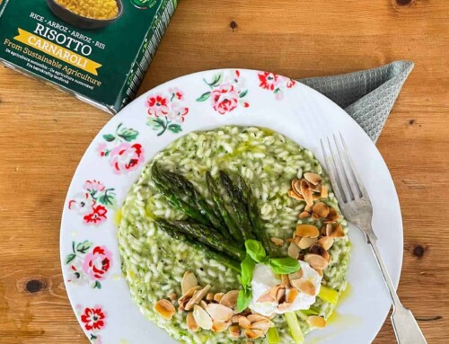 Asparagus risotto recipe with toasted flaked almonds & honeyed ricotta
